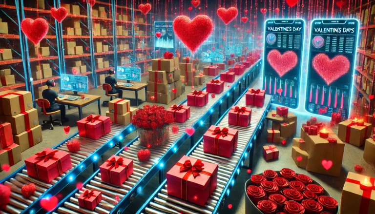 Futuristisch magazijn met Valentijnsdag geschenken en decoraties