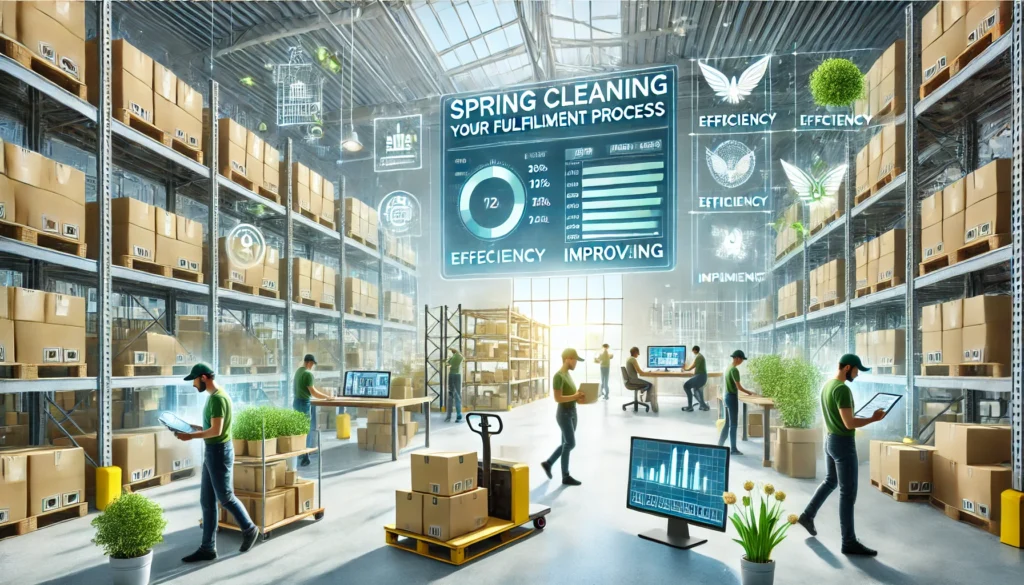 Moderne magazijn met werkers en digitale efficiëntie displays