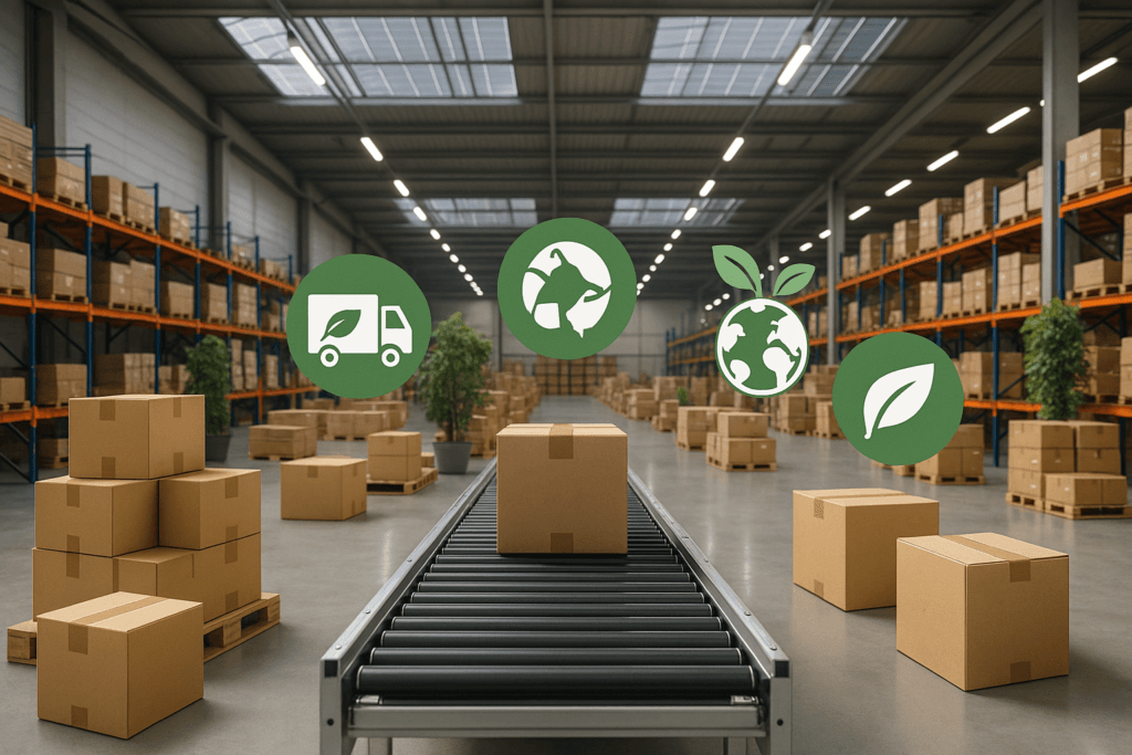 Magazijn met recycle iconen, transportband en kartonnen dozen