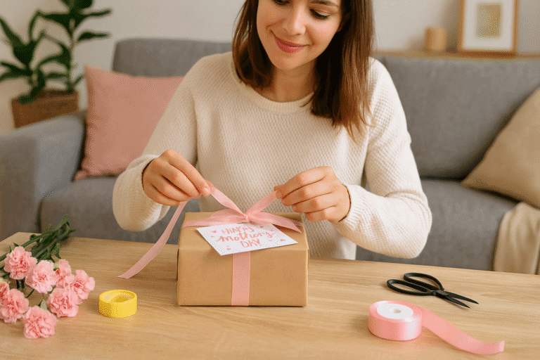 Vrouw versiert cadeau met roze lint en bloemen