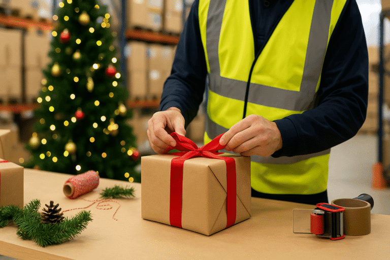 Magazijnmedewerker strikt rood lint om kerstcadeau