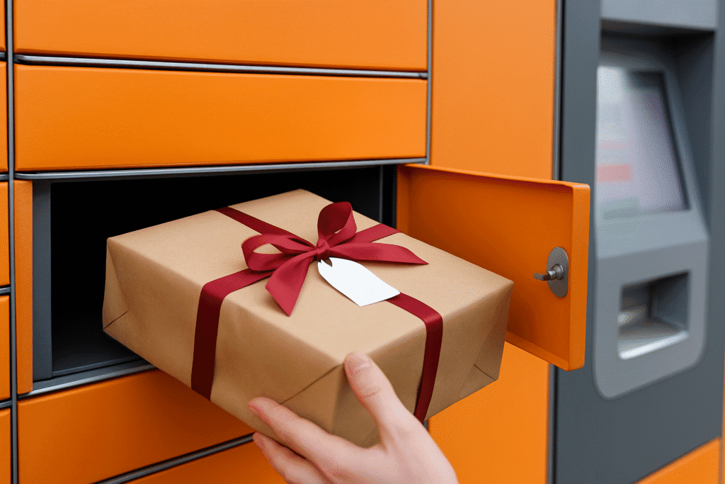 Hand plaatst cadeau met rode strik in oranje pakjesautomaat