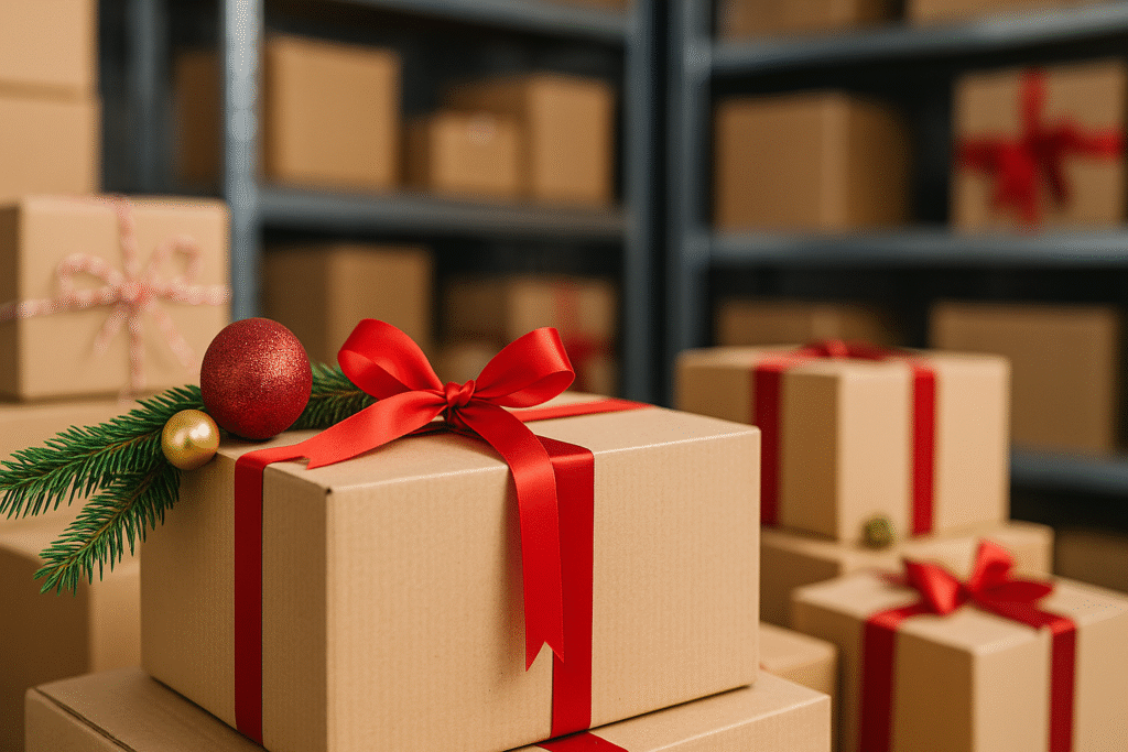 Kerstcadeaus met rode strikken in magazijn