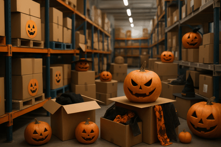 Halloween pompoenen versierd in magazijn met dozen