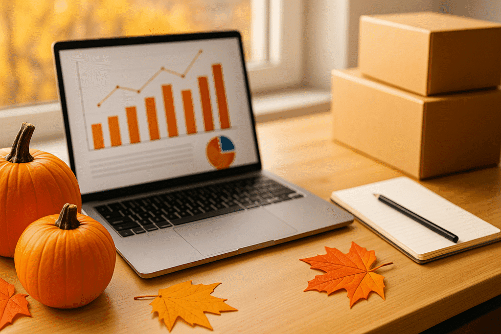 Laptop met grafieken, pompoenen en herfstbladeren op bureau