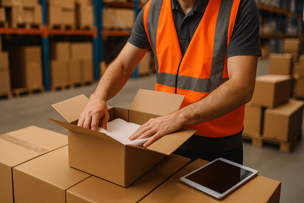 Magazijnmedewerker verpakt product in doos