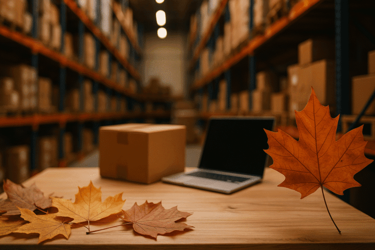 Laptop met herfstbladeren in magazijn