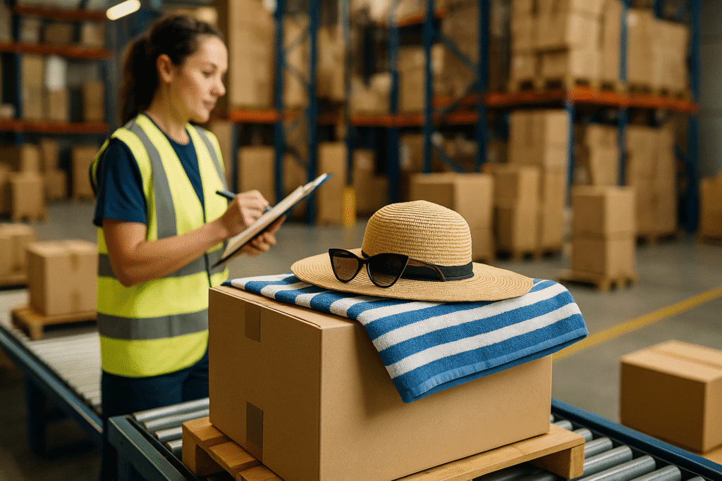 Vrouw controleert voorraad in magazijn met zomerartikelen