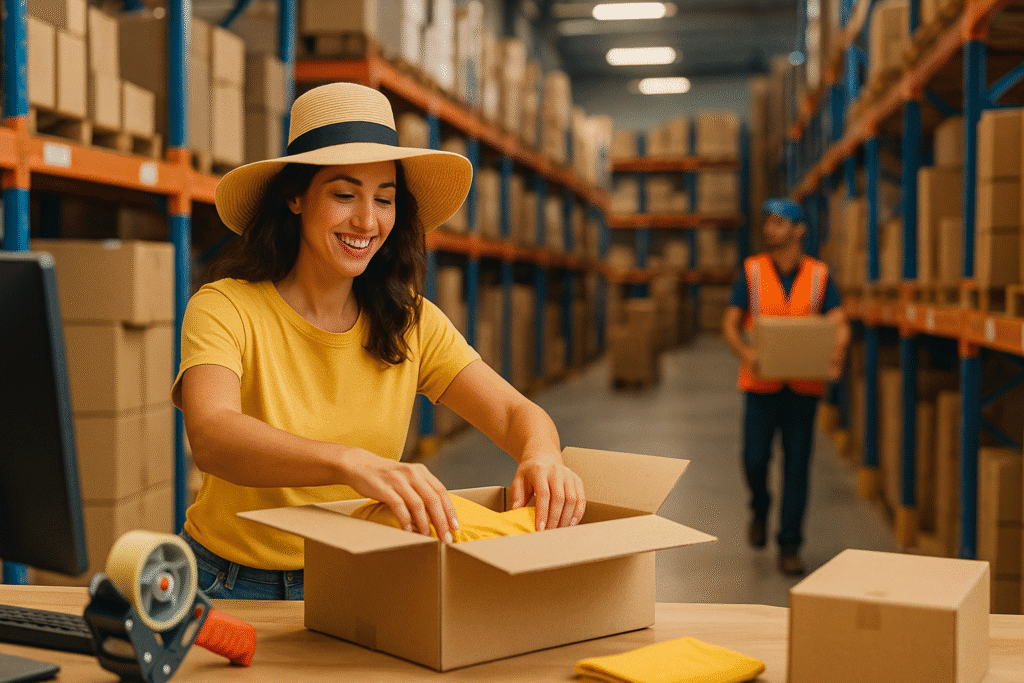 Vrolijke vrouw pakt doos in magazijn