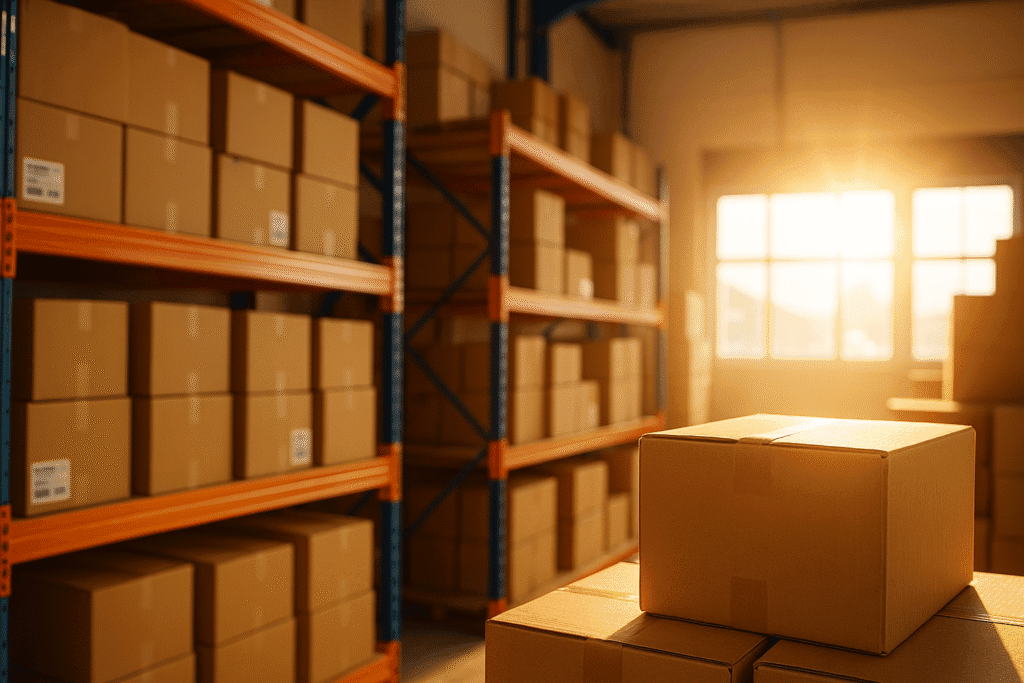 Zonlicht valt in een groot magazijn met dozen