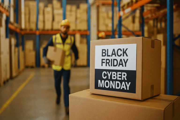 Magazijnmedewerker naast doos met 'Black Friday Cyber Monday'
