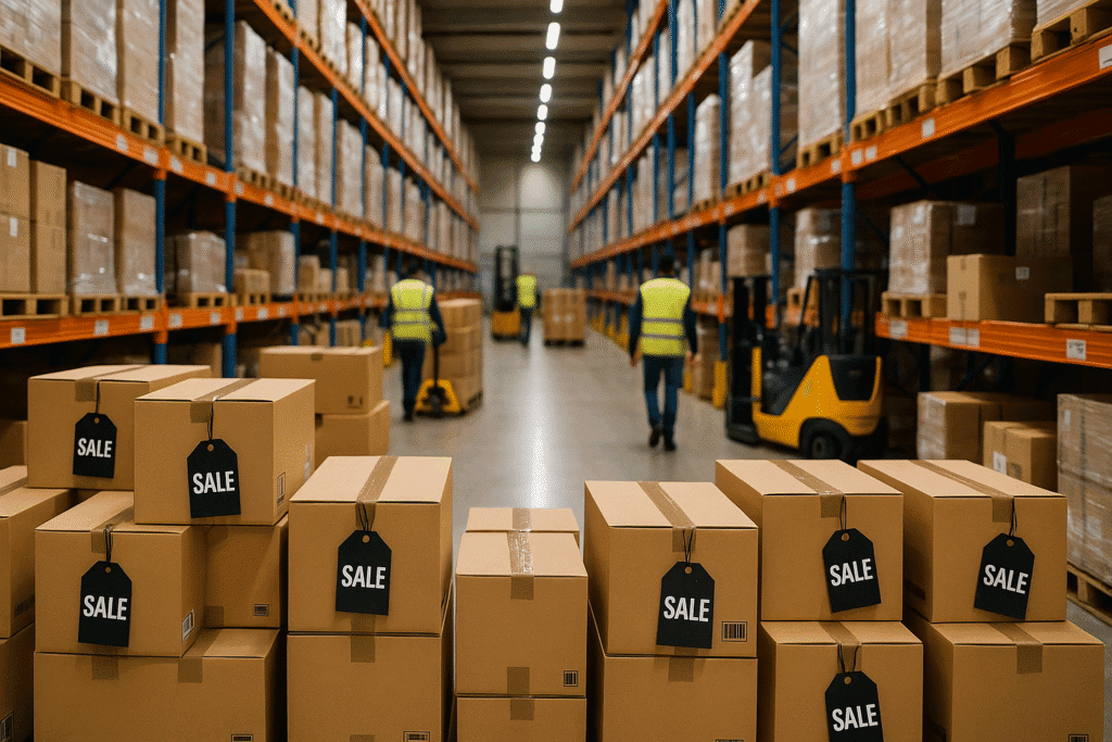 Magazijn vol met dozen gemarkeerd als 'Sale'