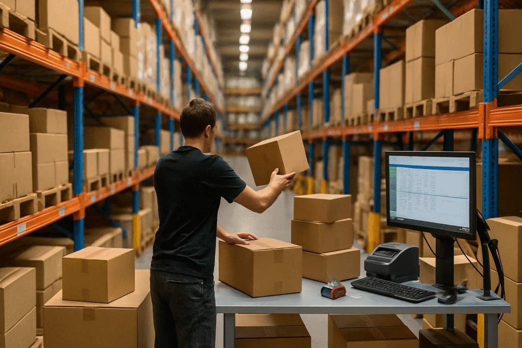 Man sorteert dozen in magazijn met computerscherm