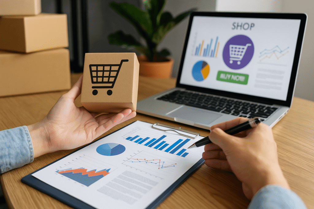 Persoon analyseert e-commerce statistieken naast laptop
