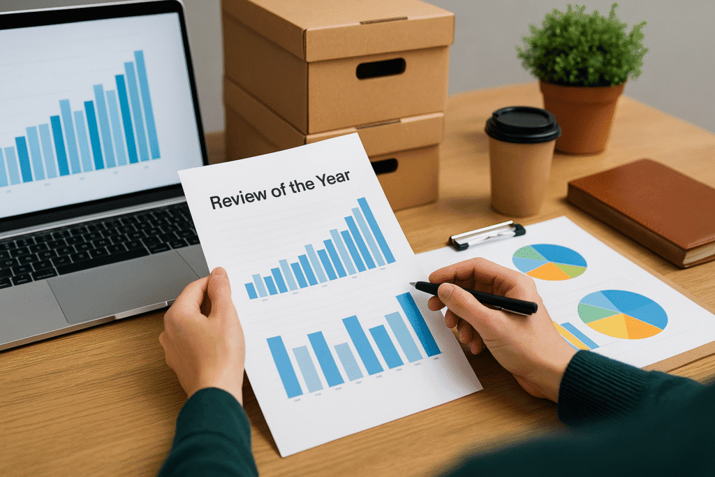 Persoon analyseert grafieken op papier en laptop