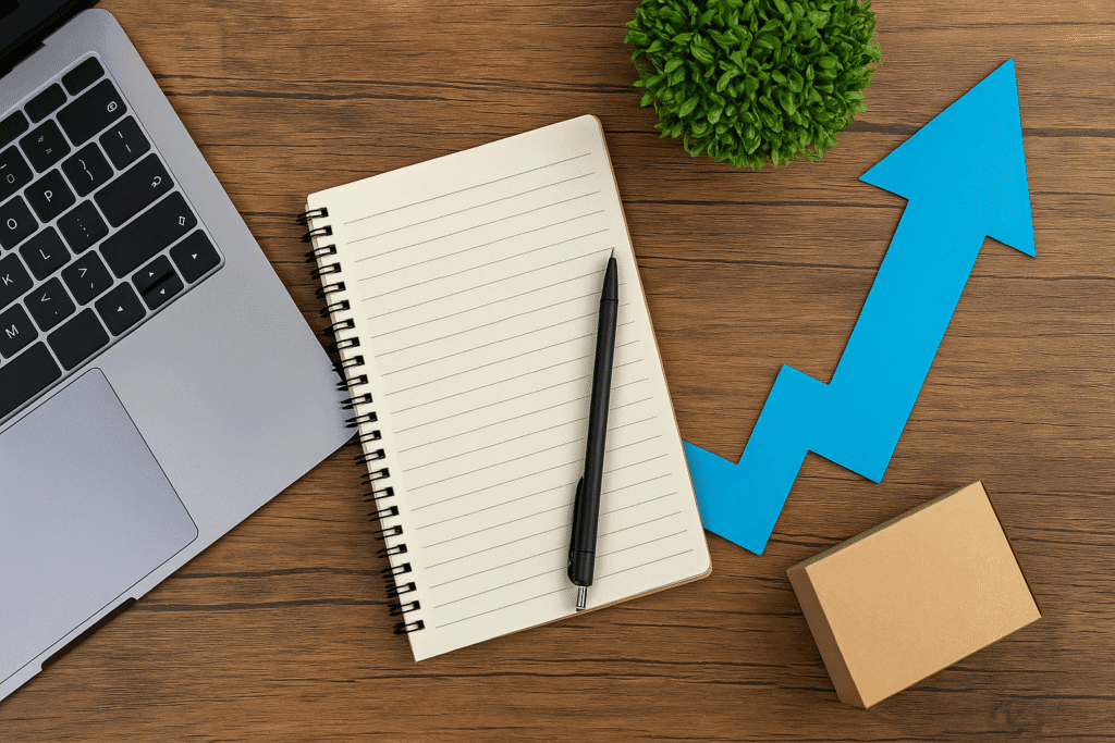 Bureau met laptop, notitieboekje, groeiende grafiek